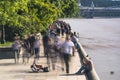 Walking amongst crowds of people along the parkway