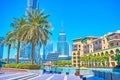 Walking around Burj Khalifa Lake in Dubai, UAE Royalty Free Stock Photo