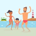 Walking baby at beach resort, clear ocean water, vector illustration. Young family with child taking their first steps