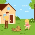 Walking baby first step in home clean yard vector illustration. Baby character in diaper get up to his feet near pet on