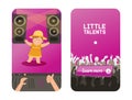 Walking baby on little talants children show vector illustration. Funny curly girl on large hall stage, speakers and