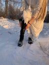 Walking barefoot in the snow. Women's feet. Hardening in the cold. Snowy weather. Royalty Free Stock Photo