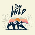 Walking bear silhouette with mountains landscape double exposure effect and stay wild caption. Wild nature concept. Vector