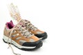 Walking boots and world map on white background Royalty Free Stock Photo