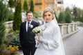 Walking bride and groom in nature Royalty Free Stock Photo