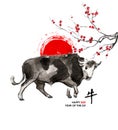 Year of the ox sumi-e greeting card
