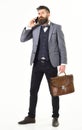 Walking business man with briefcase on white background