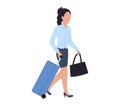 Walking business woman at airport, vector illustration. Character woman with luggage in international airport. Passenger