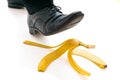 Walking businessman is going to slip on banana peel