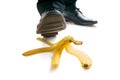 Walking businessman is going to slip on banana peel