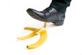 Walking businessman is going to slip on banana peel