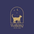 Walking cat abstract vector logo template. Cat silhouette on the night arch window with moon and stars in the sky Royalty Free Stock Photo