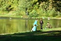 Kaliningrad, Russia - october 2018: Boys fishing at central park lake