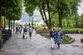 Walking the city streets of Julemarked Byparken in the center of Bergen during an afternoon