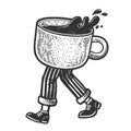 Walking coffee cup sketch vector illustration