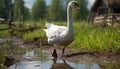 Walking cute swan on muddy area in farm generative AI