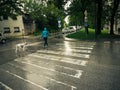 Walking a Dalmatian dog in the rain on the street