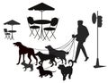 Walking with different dogs street city collection on isolated vector Silhouettes
