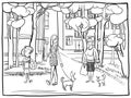 Walking the dog, meeting in the yard, neighbors, summer day, woman walking the dog, coloring book for children, cartoon plot