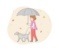 Walking Dogs Concept. Dog Walker Is Walking With Dog In Park In Autumn Under Umbrella. Four Legged Friend And Girl Have Royalty Free Stock Photo