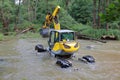 walking dredger working in the river - river bed restoration