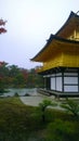 Walking through the driving rain to the golden temple in Kyoto