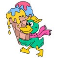 the walking duck carrying a large ice cream doodle icon image kawaii