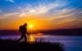 Walking female hiker silhouette and impressive