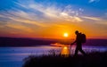 Walking female hiker silhouette and impressive