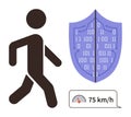 Walking figure beside digital shield with binary codes and speedometer indicating 75 kmh Royalty Free Stock Photo