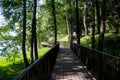 Walking footbridge leaving the forest park to the embankment near the reservoir