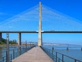 Walking the footpath Passeio do Tejo along Tagus river in Lisbon at the Expo park - Vasco da Gama bridge Royalty Free Stock Photo