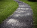 Walking footpath with puddles after rain in a park with rich green grass and trees. Fall autumn season concept Royalty Free Stock Photo