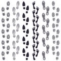 Walking footprints. Human footsteps trail, walking foot track routes, shoe steps silhouette imprint way track isolated