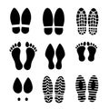 Walking footprints and steps of human shoes and feet black icon on white like elements for design, stock vector illustration Royalty Free Stock Photo