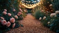 Romantic Rose Garden Path at Dusk with Fairy Lights Royalty Free Stock Photo