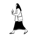 Walking girl holding coffee drawing. Vector doodle illustration of woman with drink in take away plastic glass. City