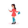 Walking girl using mobile phone. Social communication concept. Using for taking selfie, video call. Cartoon character Royalty Free Stock Photo