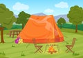 Walking, Hiking or Sports outdoor camping recreation landscape, nature adventures vacation illustration. Tent with