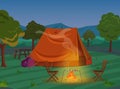 Walking, Hiking or Sports outdoor camping recreation landscape, nature adventures vacation illustration. Tent in night