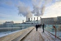 Walking on the Hovering Bridge Over Moskva River Royalty Free Stock Photo