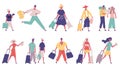 Walking hurrying male and female tourist group characters. Tourists in airport with bags, suitcases vector illustration Royalty Free Stock Photo