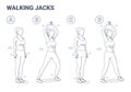 Walking Jacks Exercise Women Workout Guidance. Side Steps with Hands Raise young female Illustration. Royalty Free Stock Photo