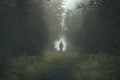 Walking lonely person on a forrest path during a dark day Royalty Free Stock Photo