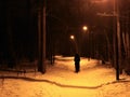 Walking of the lonely woman in evening park - only black silhouette on the alley Royalty Free Stock Photo