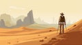 man sunset adventure desert walking landscape travel hike journey backpack trek. Generative AI.