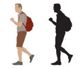 Walking man with backpack and silhouette, vector illustration, isolated on white background Royalty Free Stock Photo