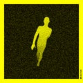 Walking Man. 3D Human Body Model. Black and yellow grainy design. Stippled vector illustration