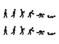 Walking man stick figure pictogram set. Different positions of stumbling and falling icon set symbol posture on white.