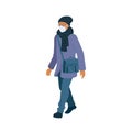 Walking man in surgical mask of season casual clothes street style. Vector flat adult character cartoon isolated